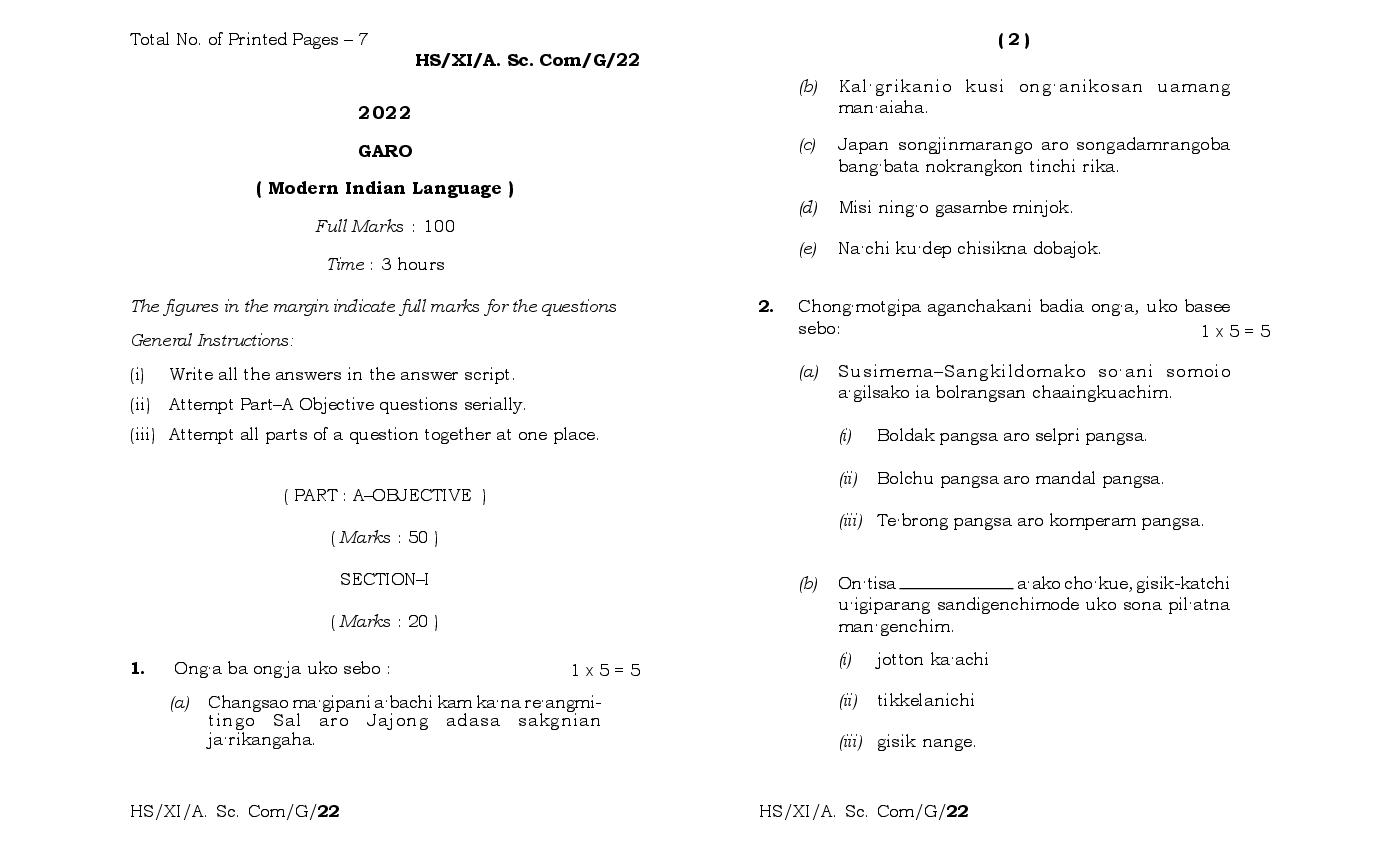 MBOSE Class 11 Question Paper 2022 for Garo MIL - Page 1