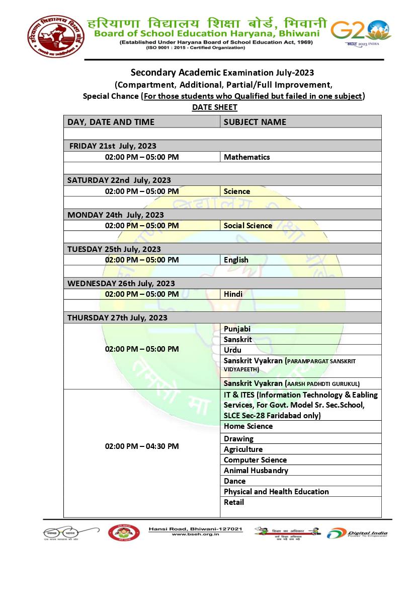 HBSE Class 10 2023 Date Sheet (Compartment Exam) - Page 1