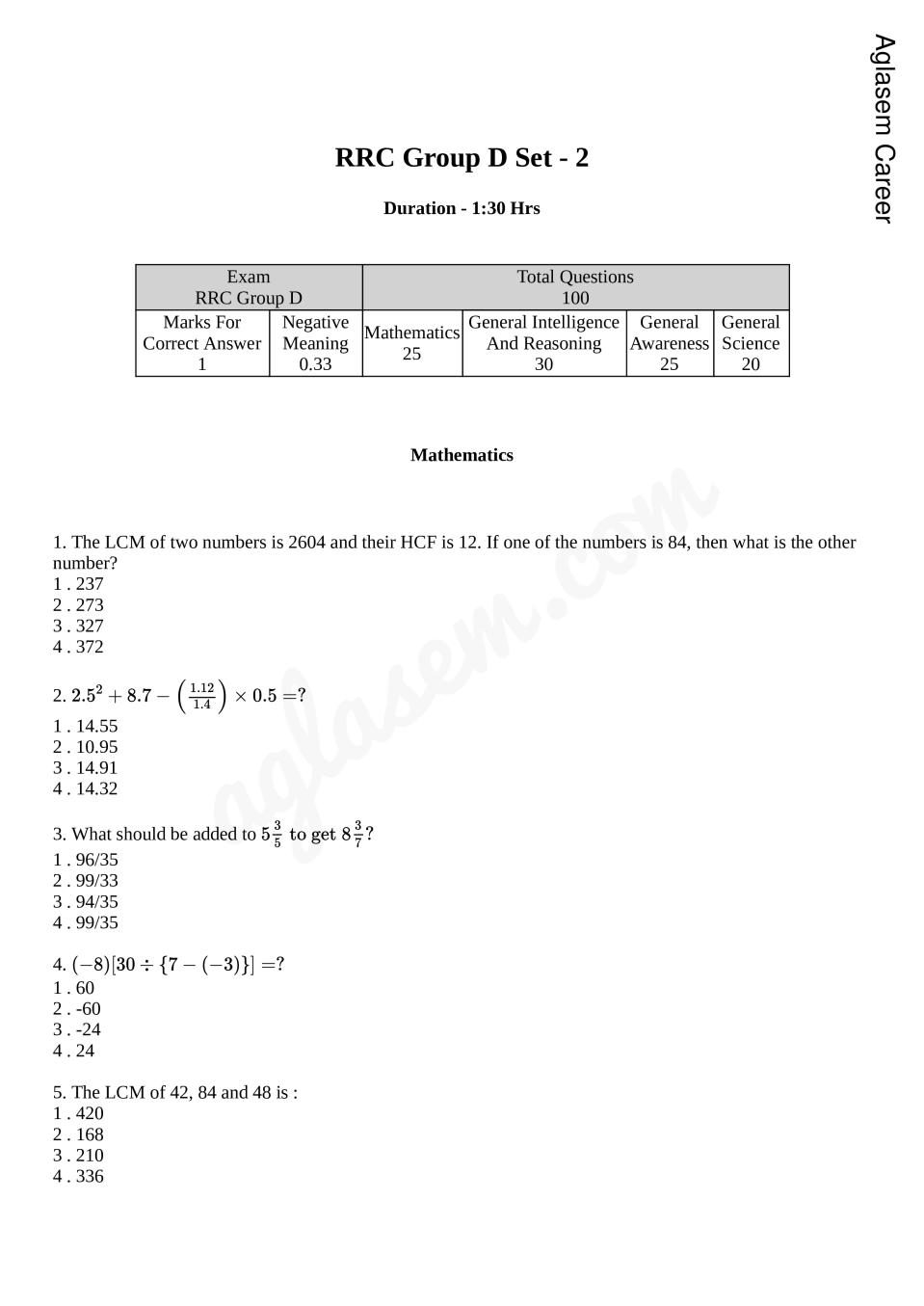 Railway Group D Model Question Paper Set 2 - Page 1