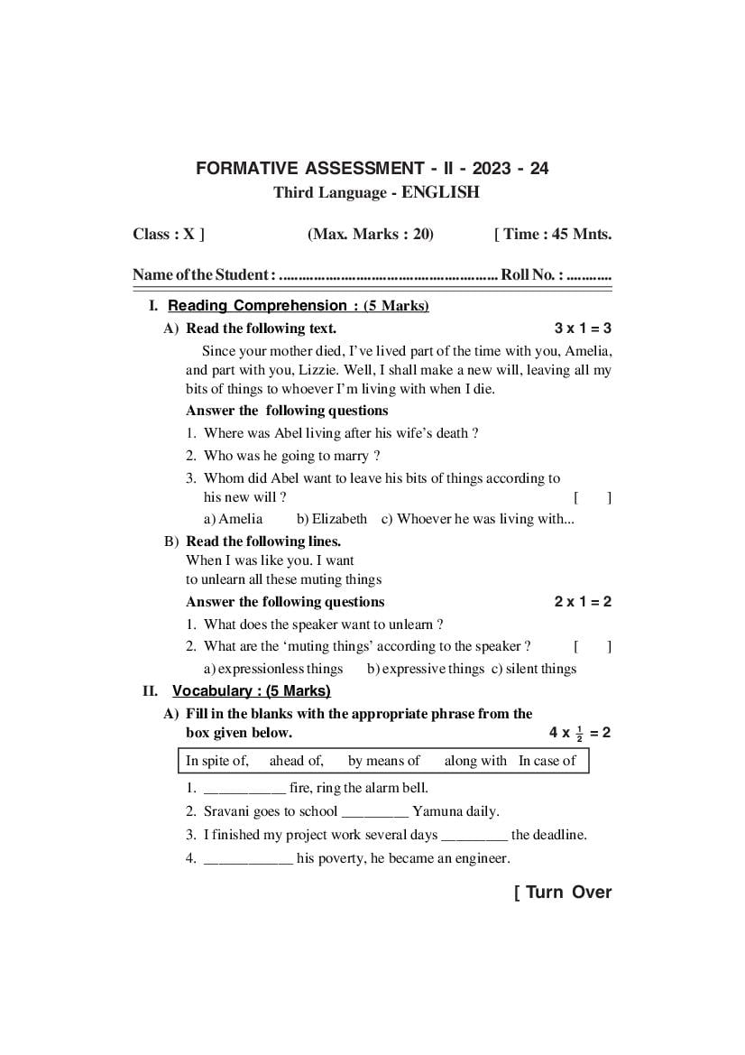 AP Class 10 FA2 Question Paper 2023 English - Page 1