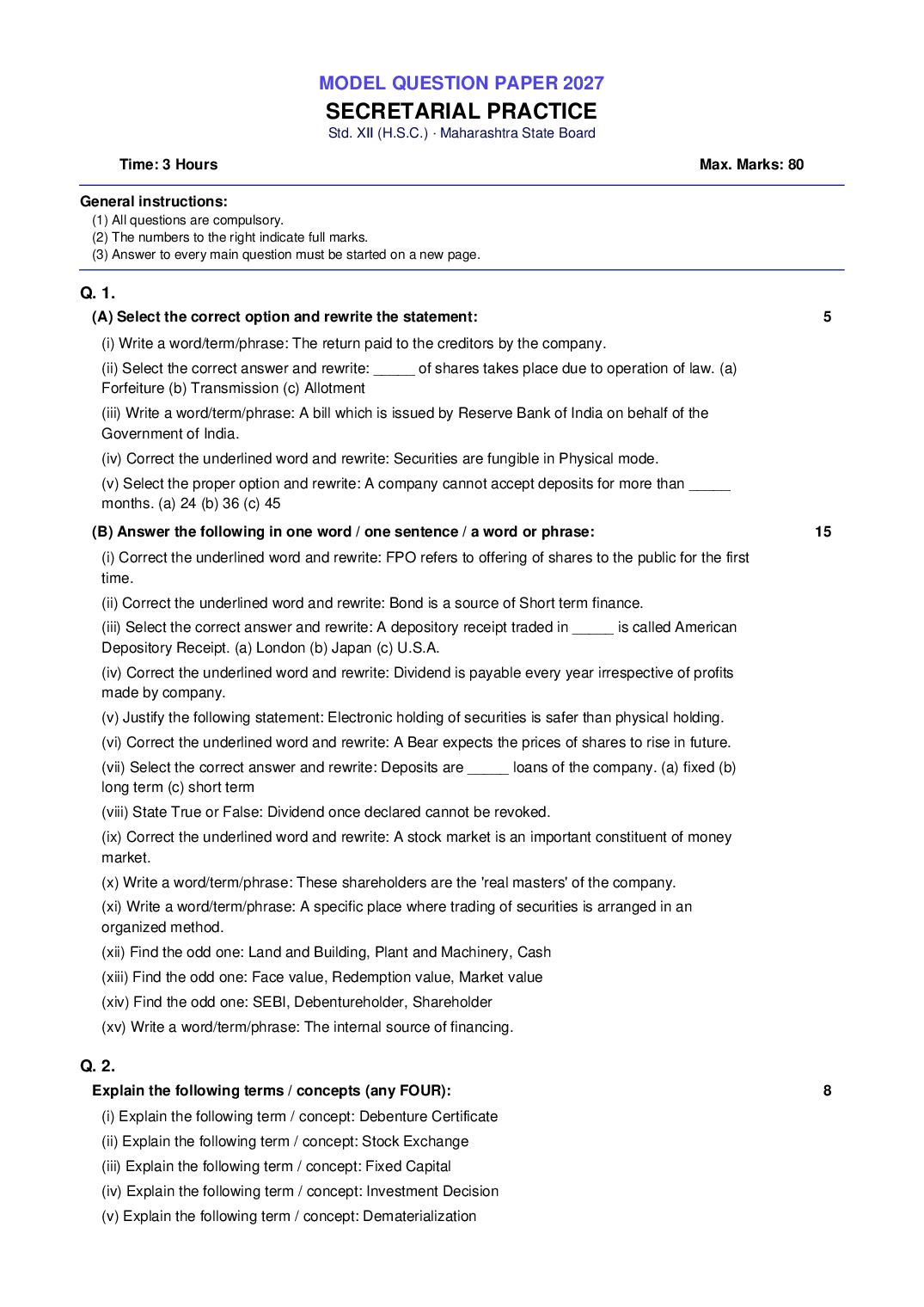 Maharashtra 12th Std Model Question Paper 2027 Secretarial Practice - Page 1 of 3