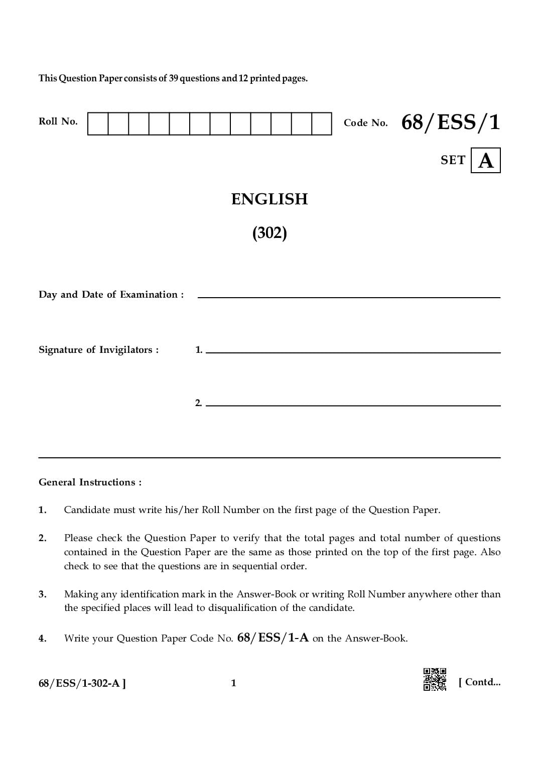 NIOS Class 12 October 2024 Question Paper English - Page 1 of 12