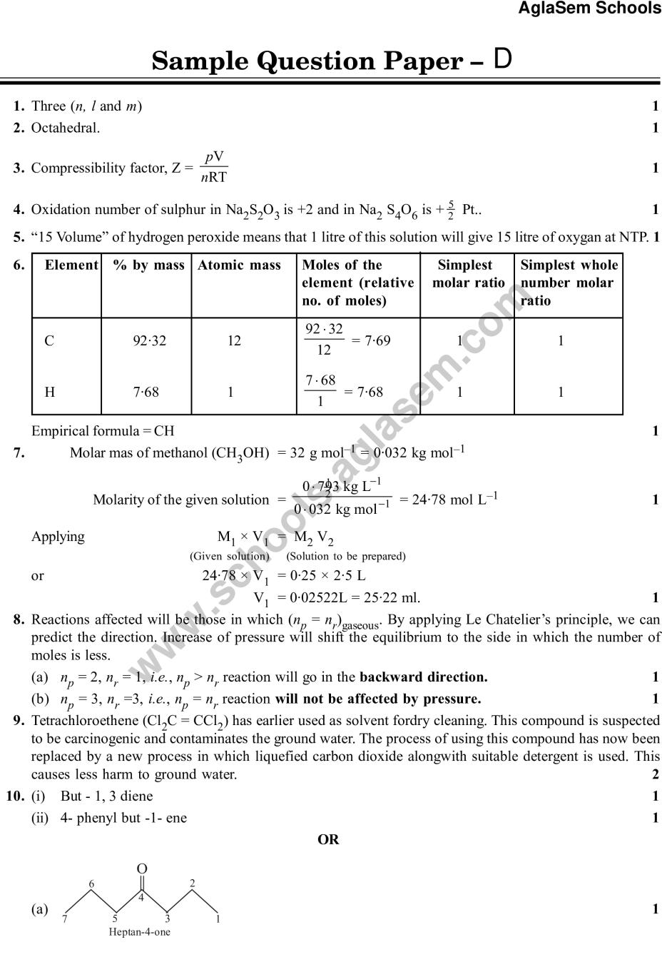 Cbse Class 11 Sample Paper For Chemistry Set D