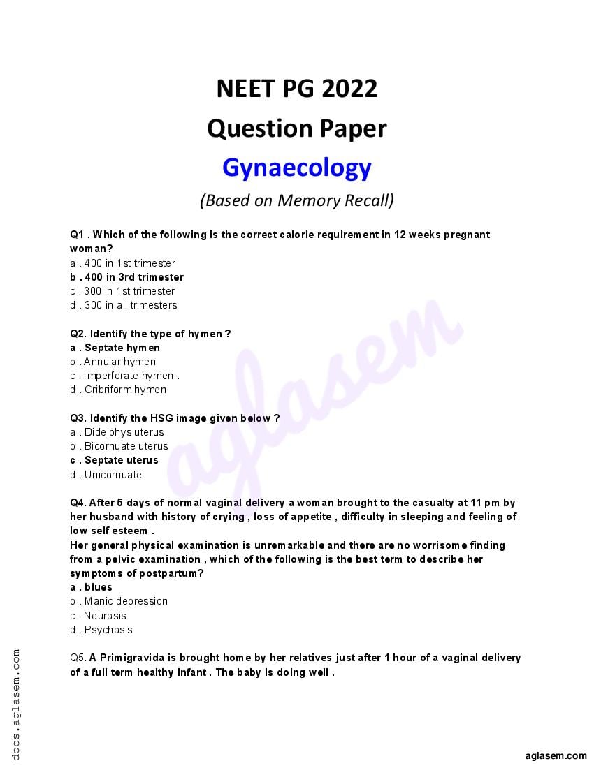 NEET PG 2022 Question Paper Obstetrics and Gynaecology  - Page 1