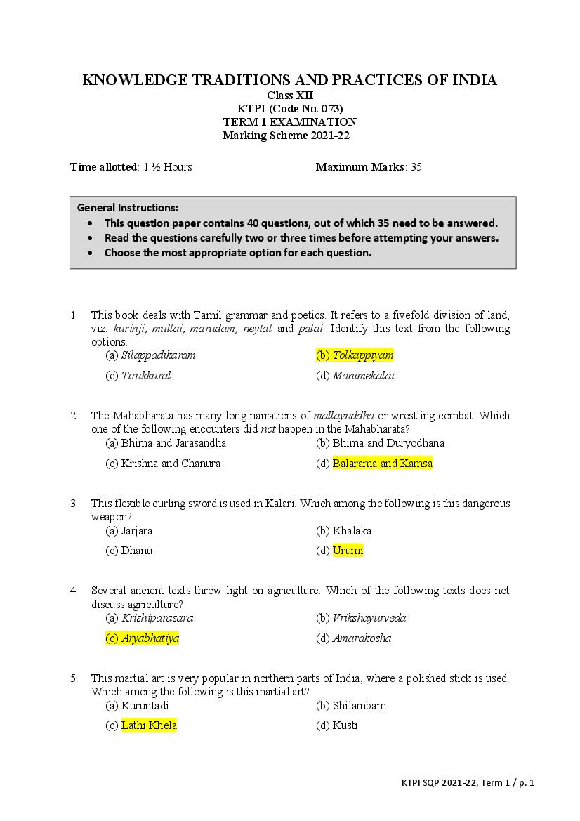 CBSE Class 12 Marking Scheme 2022 for KTPI - Page 1