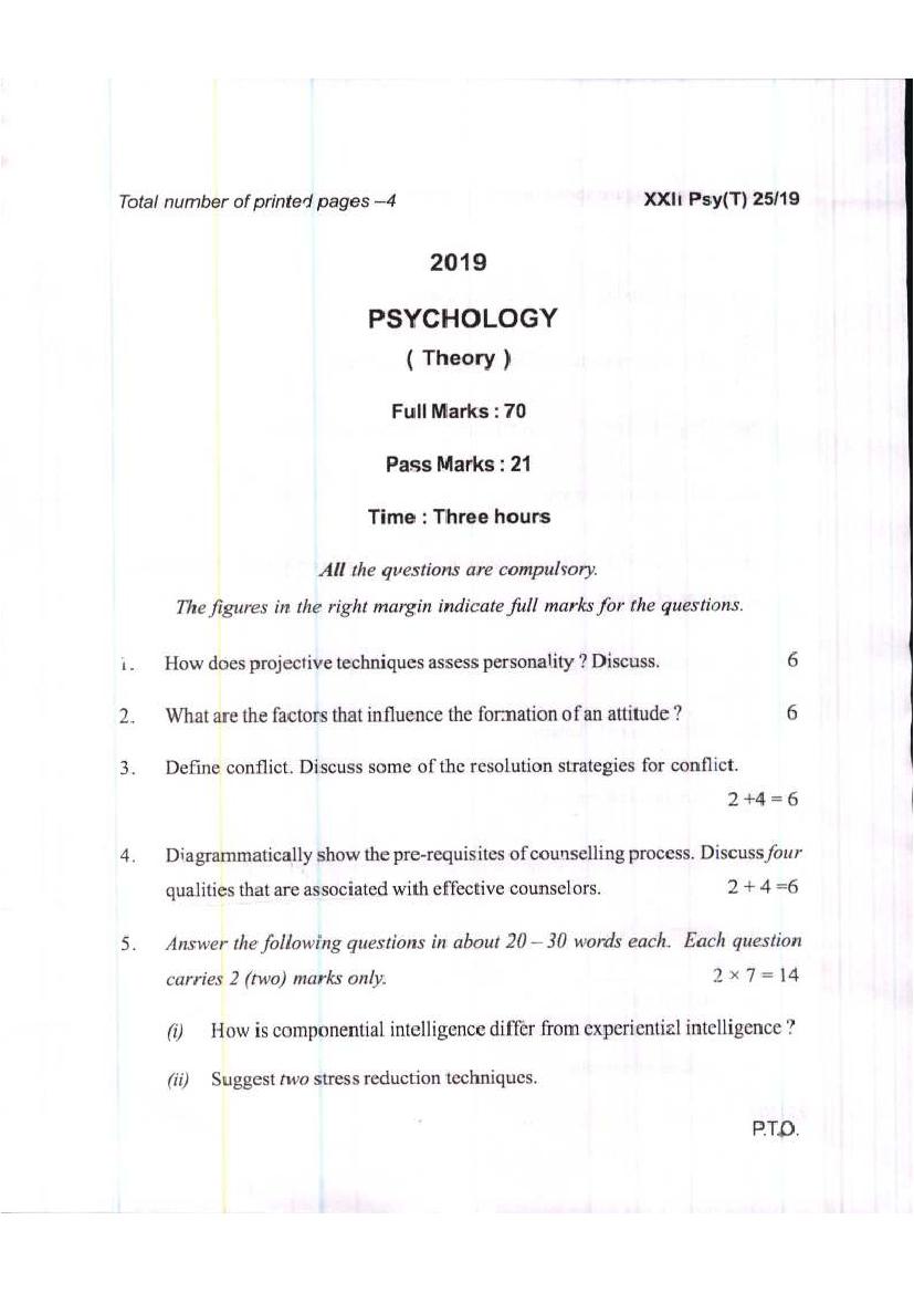 Manipur Board Class 12 Question Paper 2019 for Psychology - Page 1