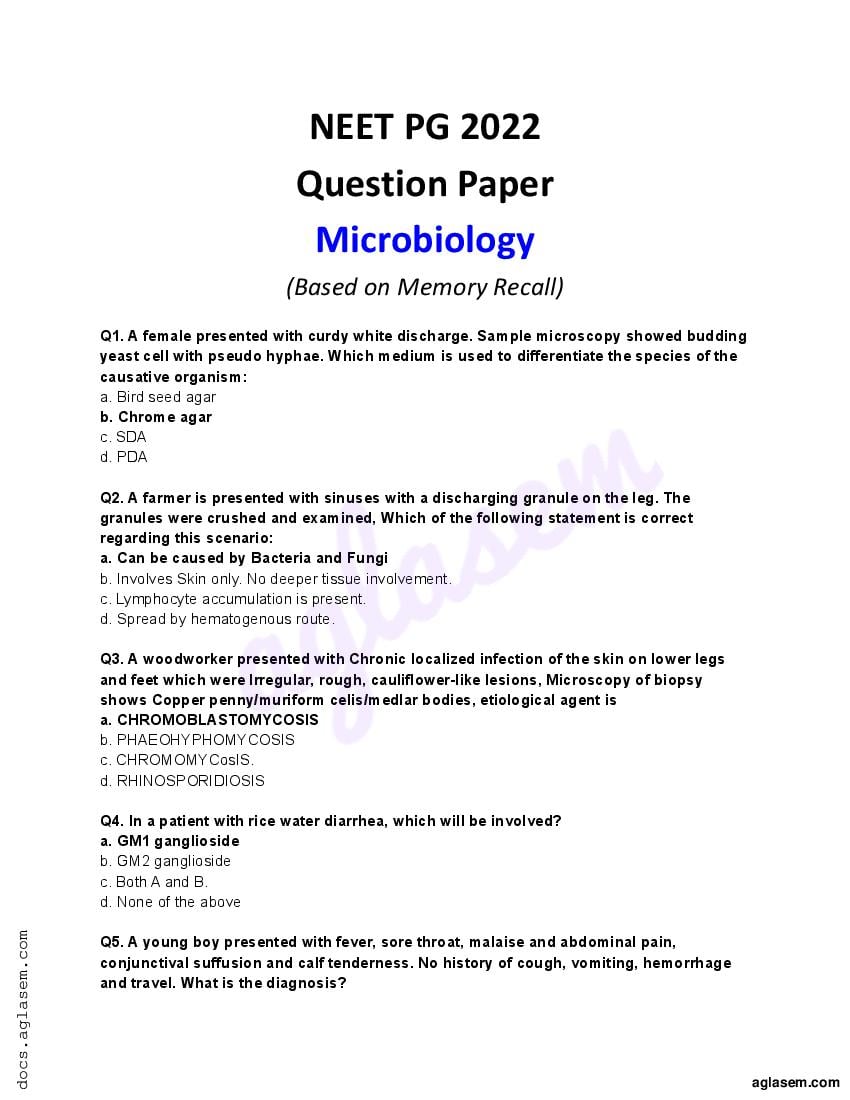 NEET PG 2022 Question Paper Microbiology  - Page 1