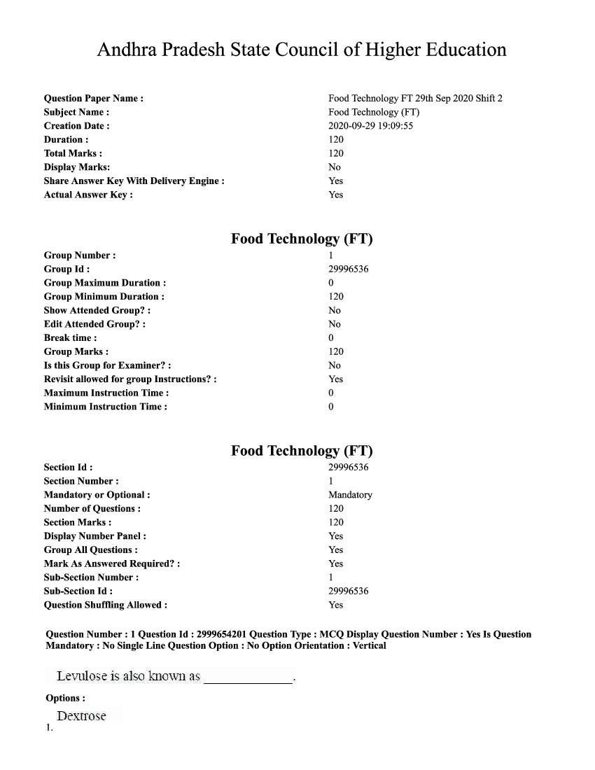 AP PGECET 2020 Question Paper for Food Technology - Page 1