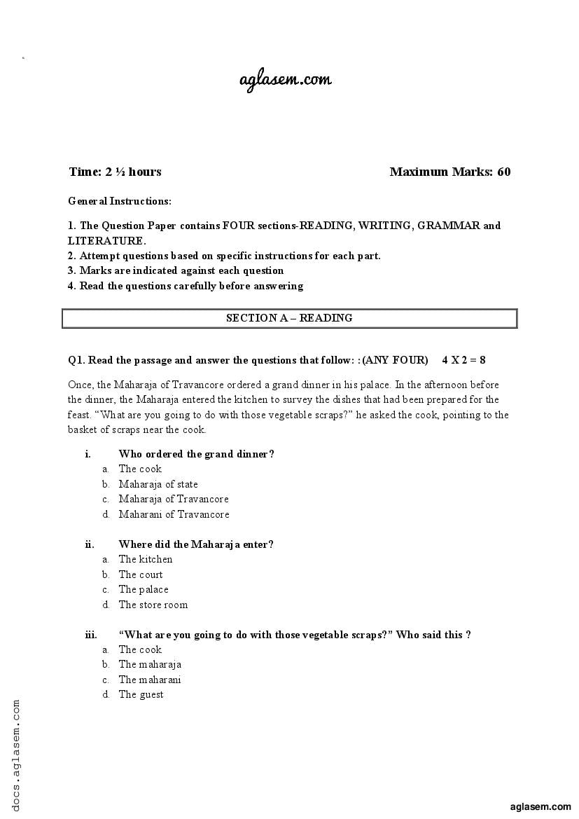 english grammar sample paper class 6