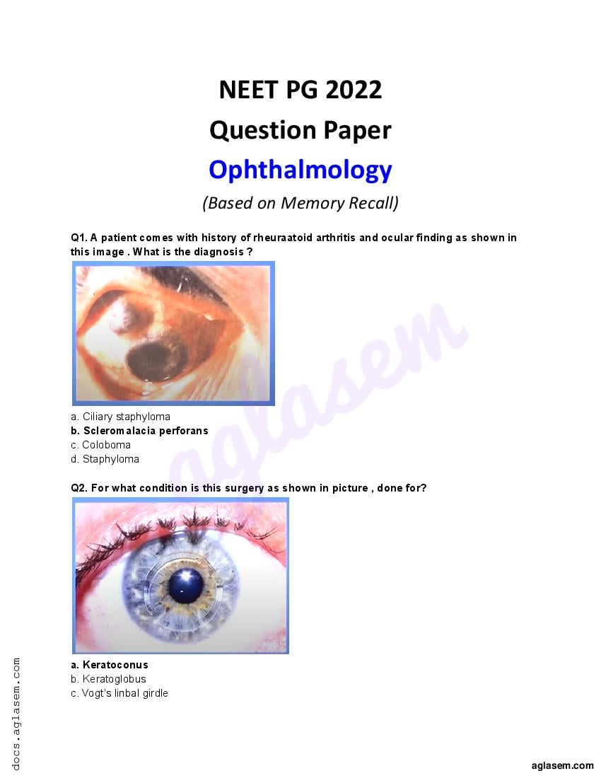 NEET PG 2022 Question Paper Ophthalmology - Page 1