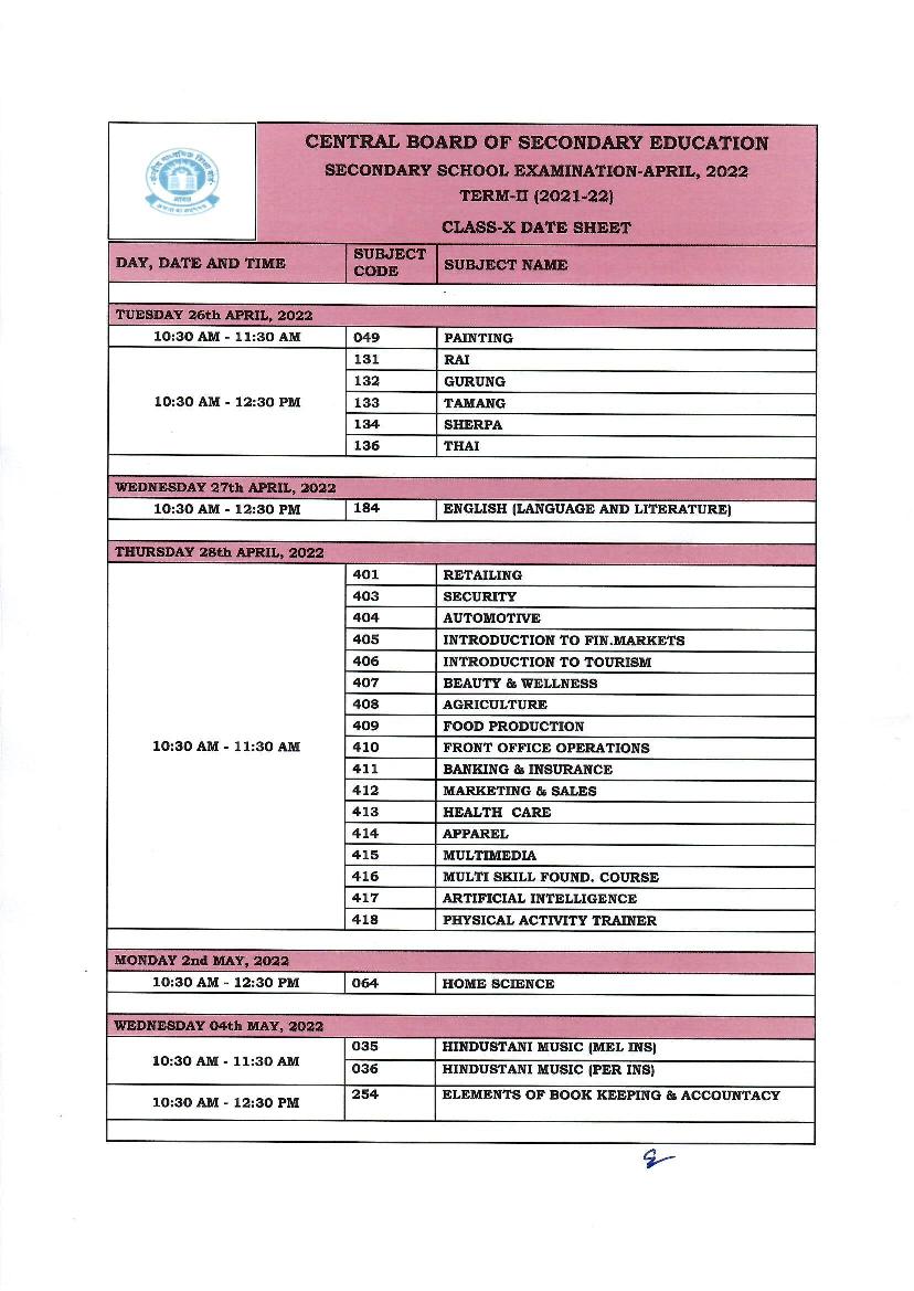 CBSE Class 10 2022 Term 2 Date Sheet - Page 1
