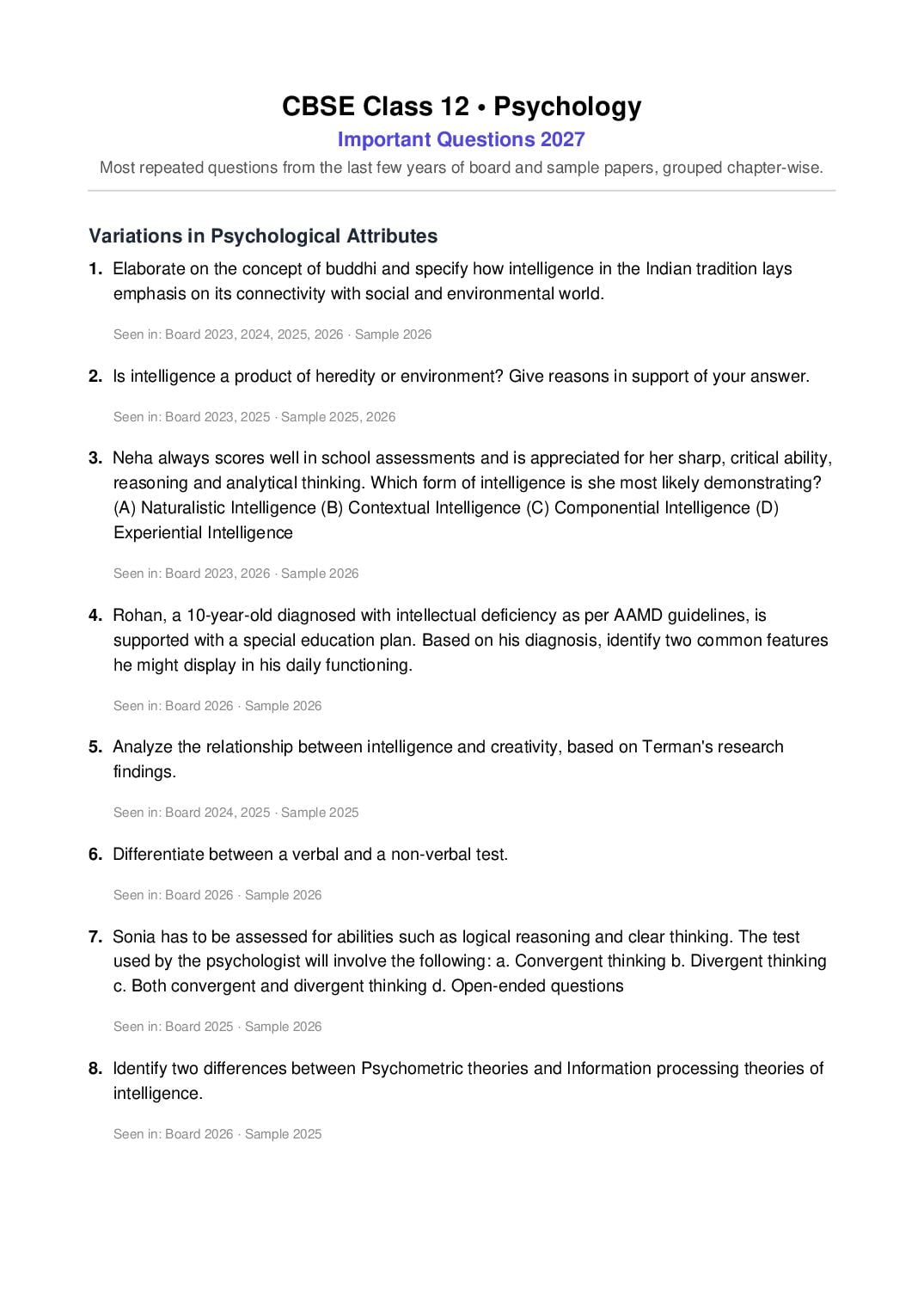 CBSE Class 12 Important Questions 2027 Psychology - Page 1 of 9