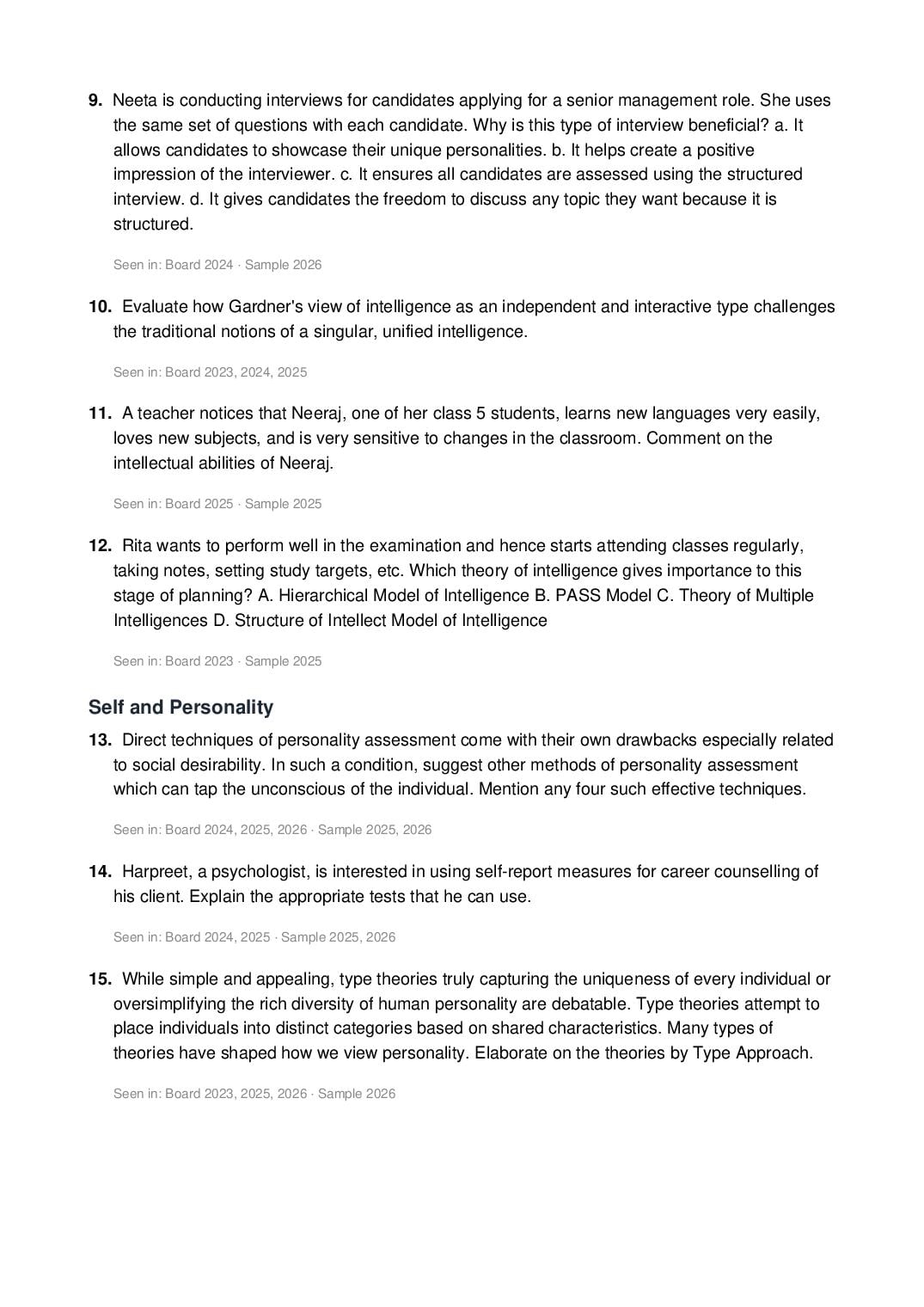 CBSE Class 12 Psychology Important Questions 2027 (PDF)