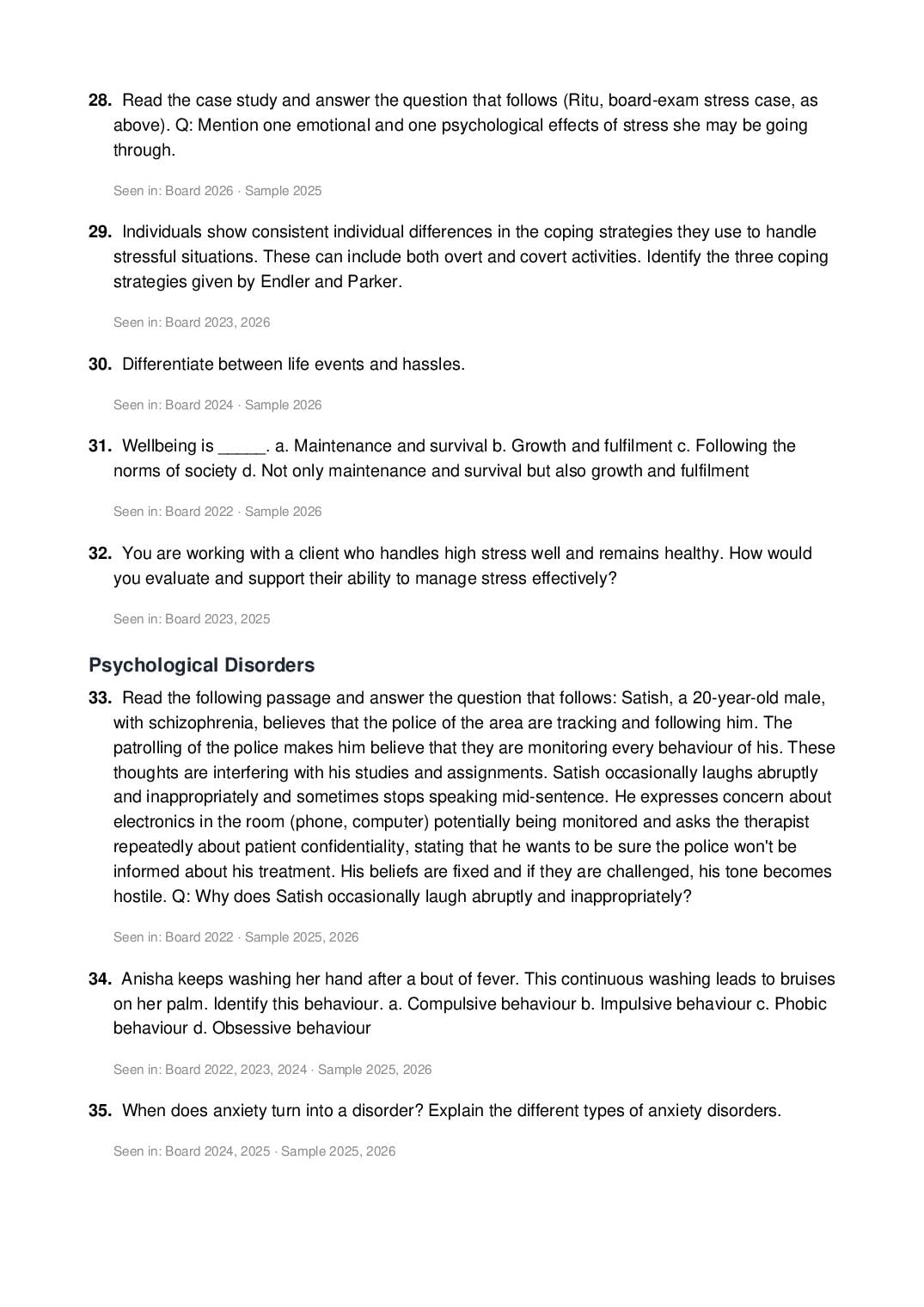 CBSE Class 12 Psychology Important Questions 2027 (PDF)