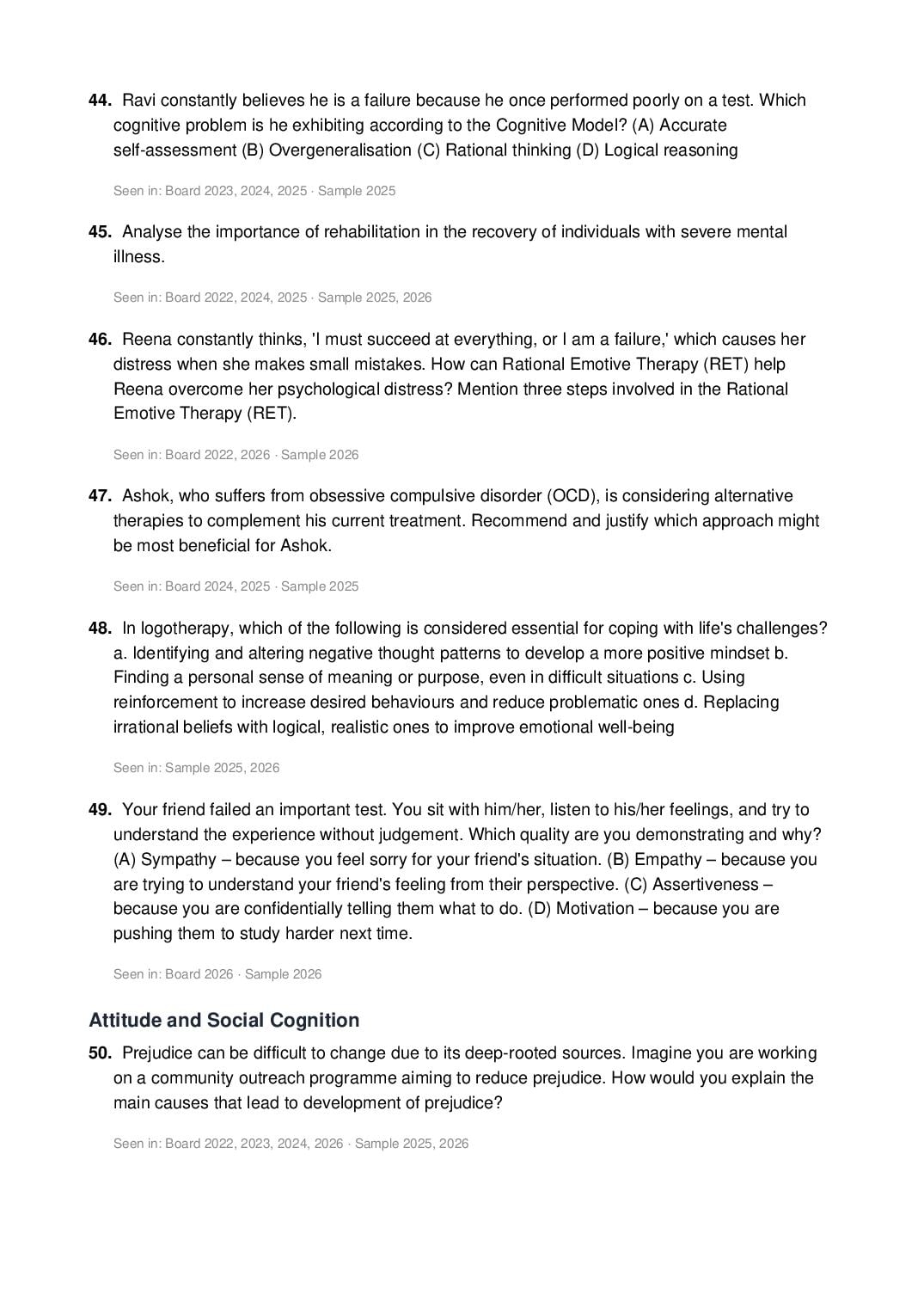 CBSE Class 12 Psychology Important Questions 2027 (PDF)