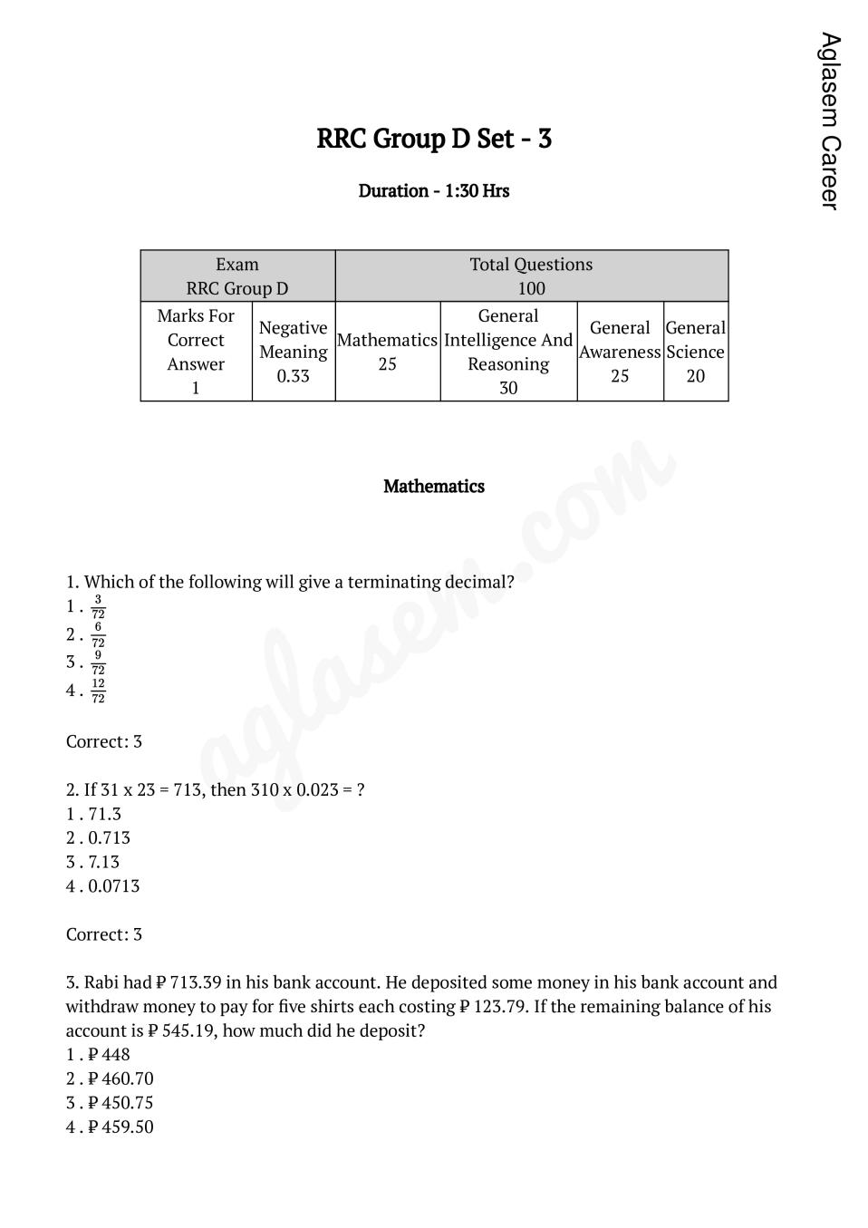 Railway Group D Model Question Paper Set 3 - Page 1