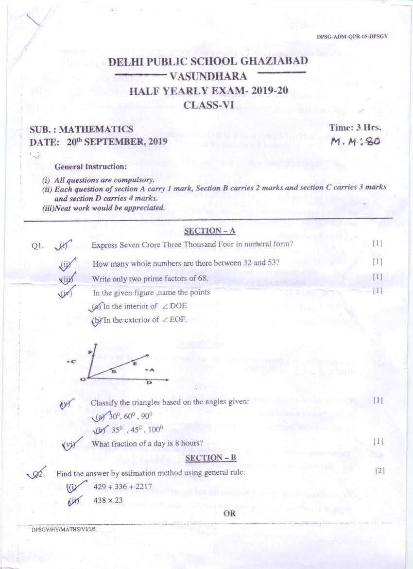 CBSE Class 6 Question Paper 2019 Half Yearly Maths - Page 1