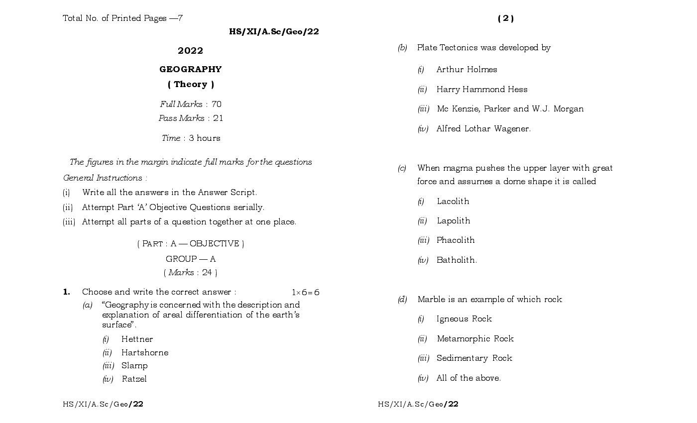 MBOSE Class 11 Question Paper 2022 for Geography - Page 1