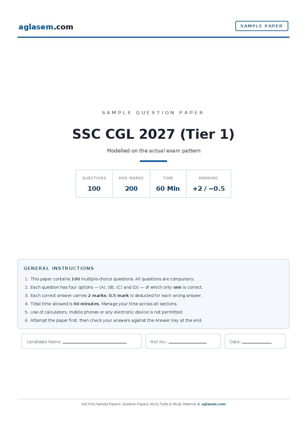 SSC CGL 2027 Sample Paper (Tier 1) - Page 1 of 15