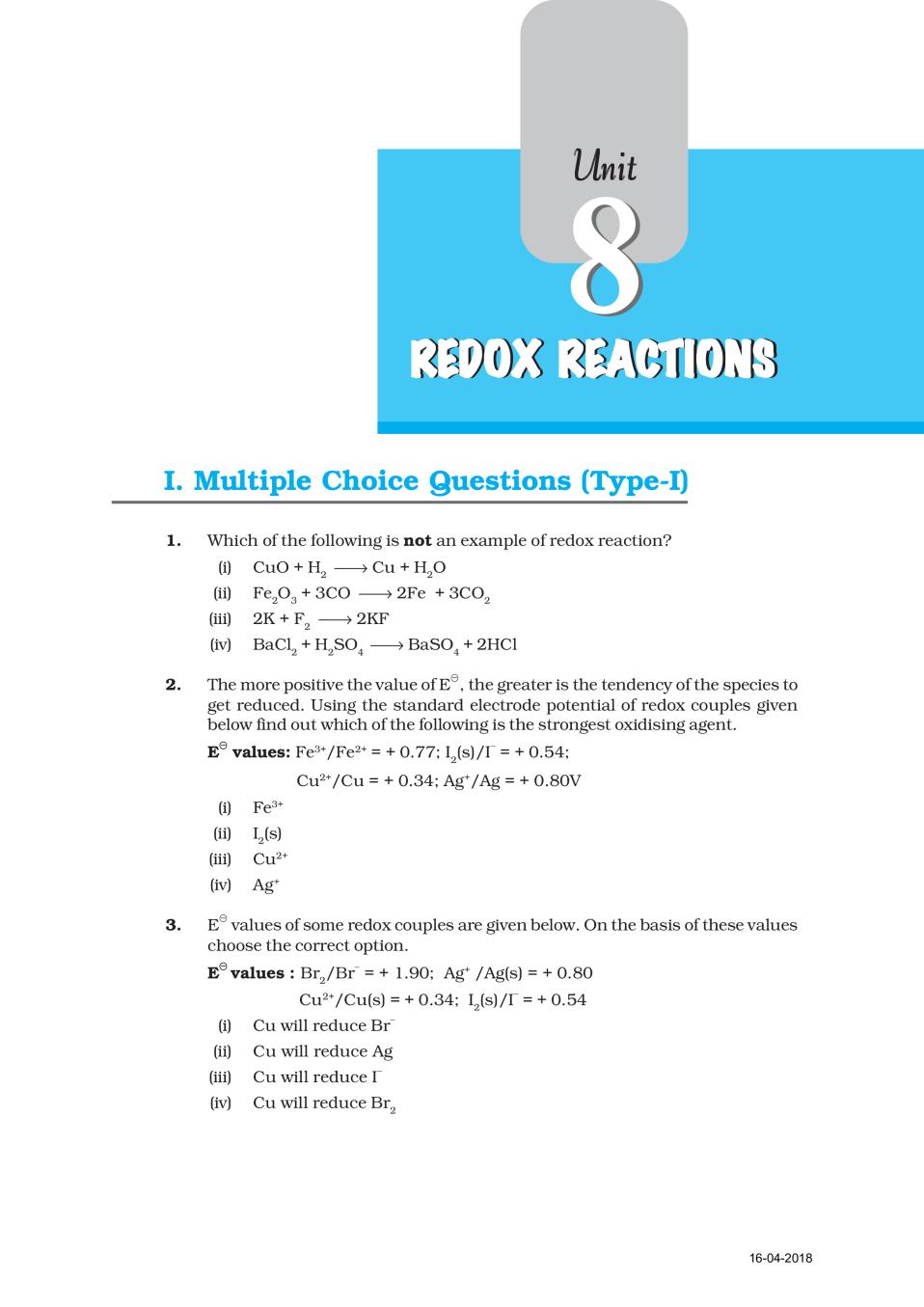NCERT Exemplar Class 11 Chemistry unit 8 Redox Reactions - Page 1
