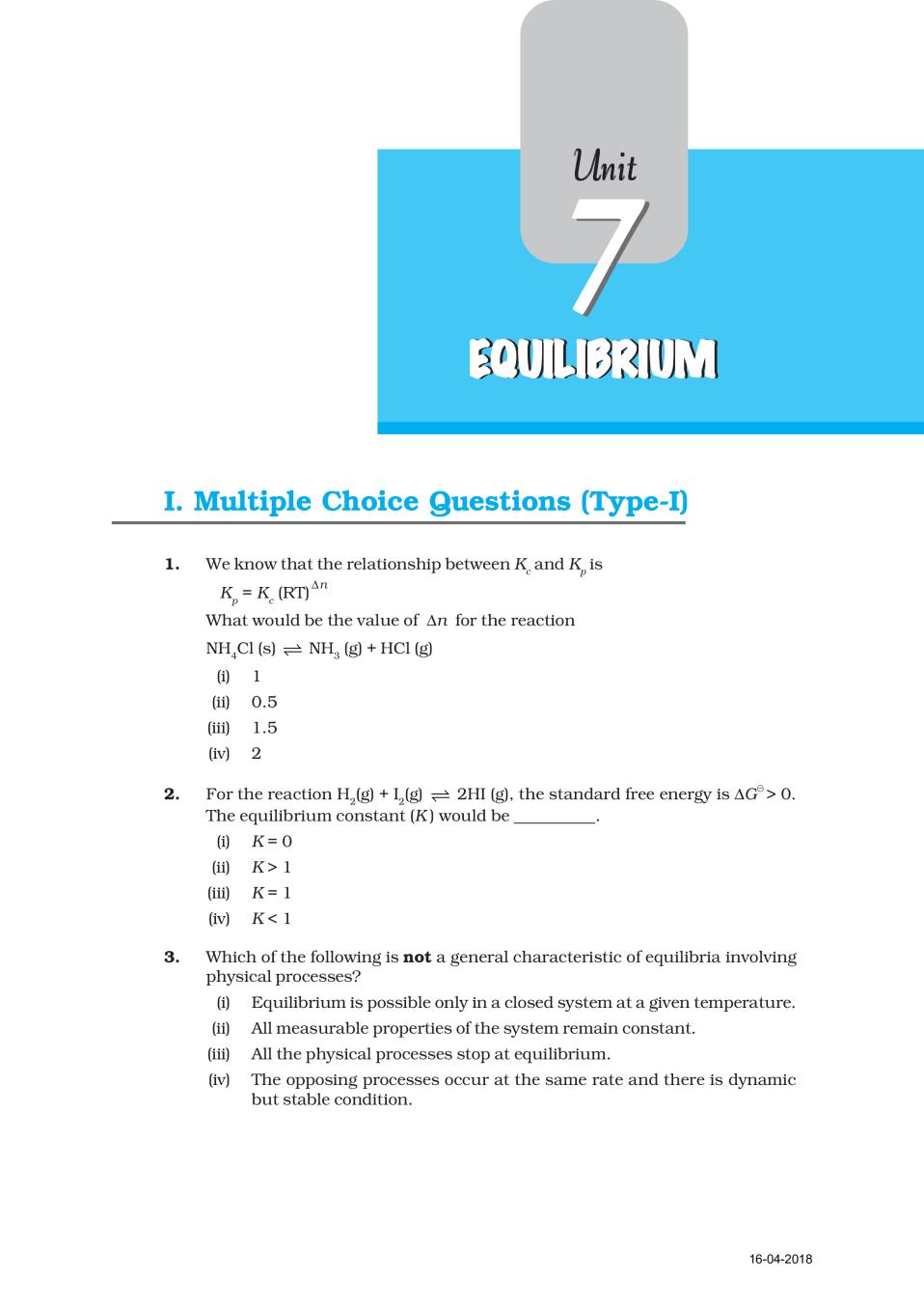 NCERT Exemplar Class 11 Chemistry unit 7 Equilibrium - Page 1