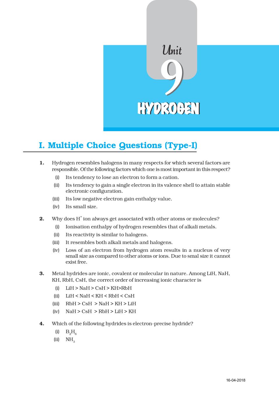 NCERT Exemplar Class 11 Chemistry unit 9 Hydrogen - Page 1