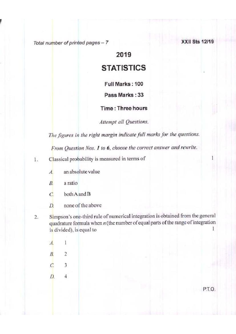 Manipur Board Class 12 Question Paper 2019 for Statistics - Page 1