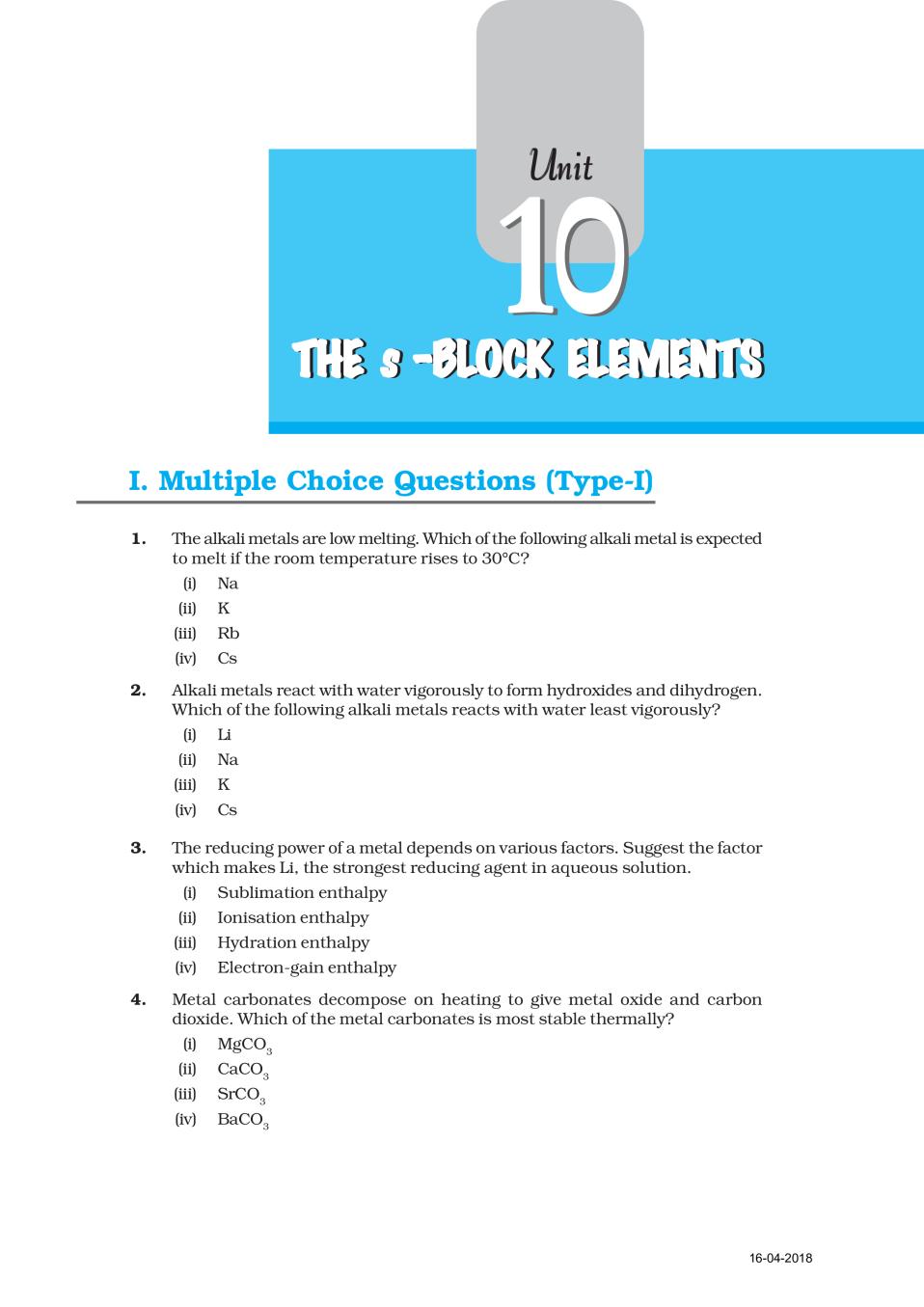 NCERT Exemplar Class 11 Chemistry unit 10 The s -Block Elements - Page 1