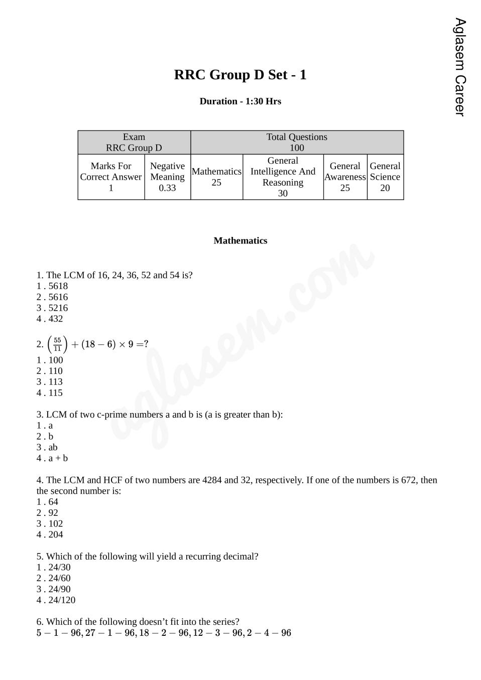 Railway Group D Model Question Paper Set 1 - Page 1