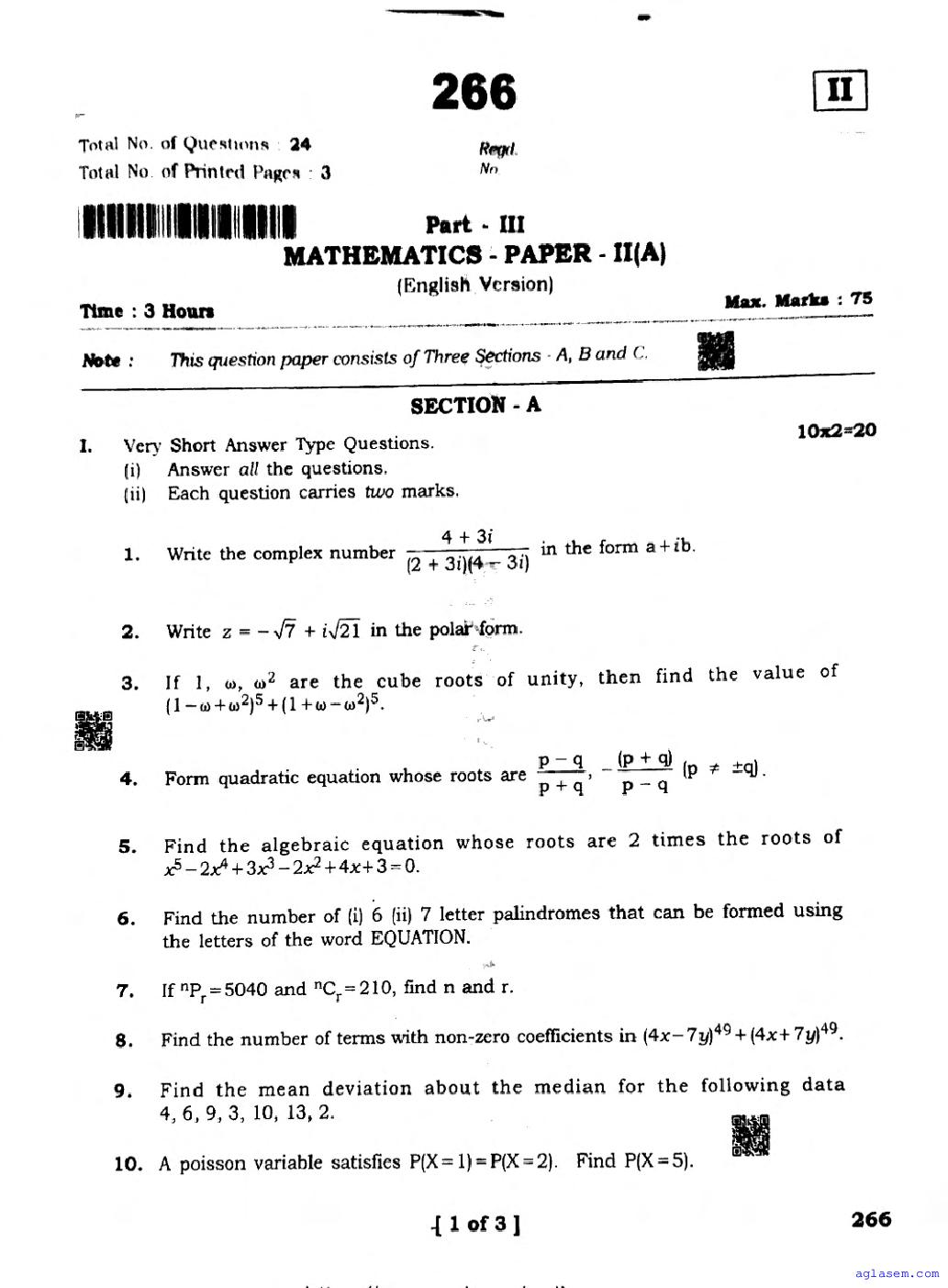 AP 12th Question Paper 2025 Maths A - Page 1 of 3