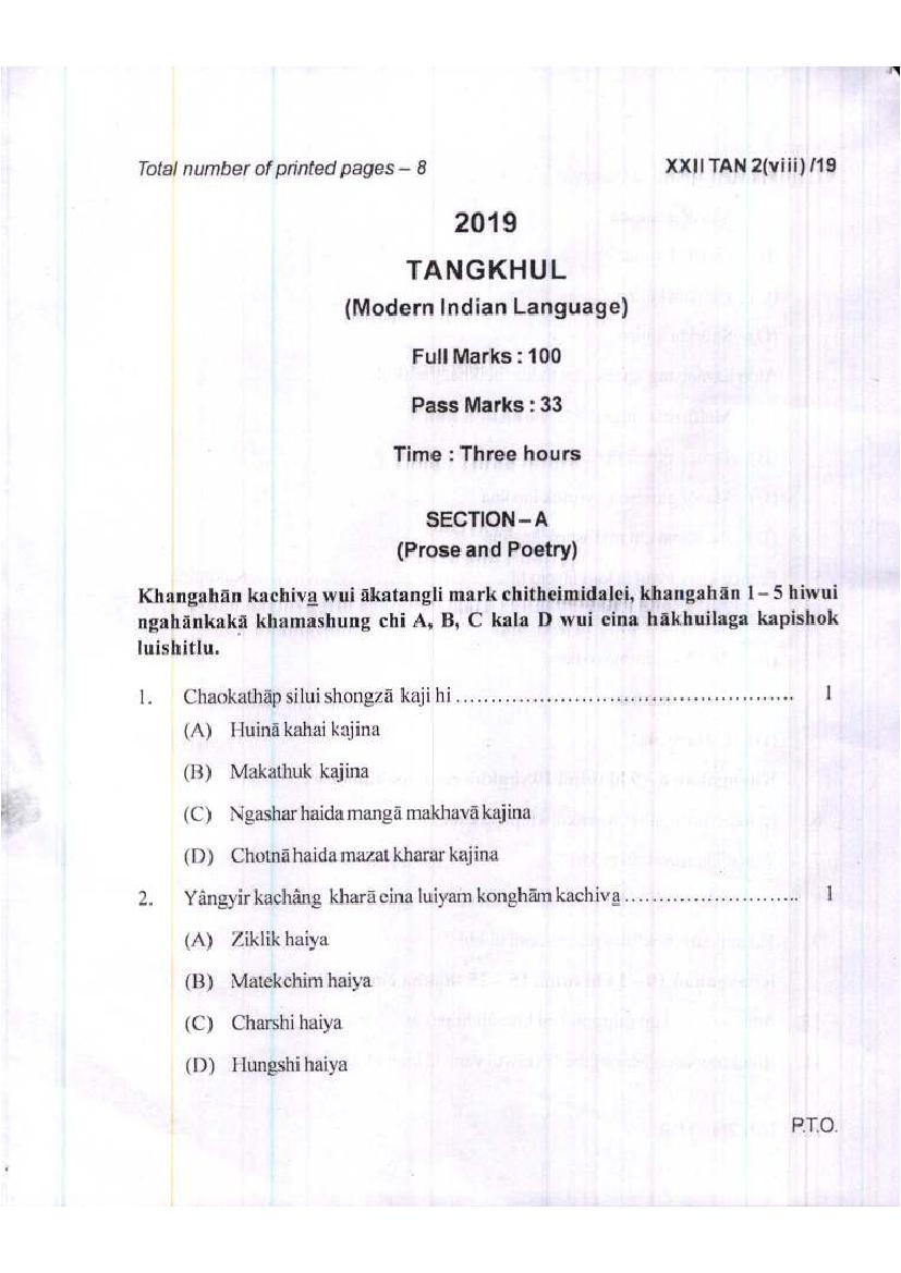 Manipur Board Class 12 Question Paper 2019 for Tangkhul - Page 1