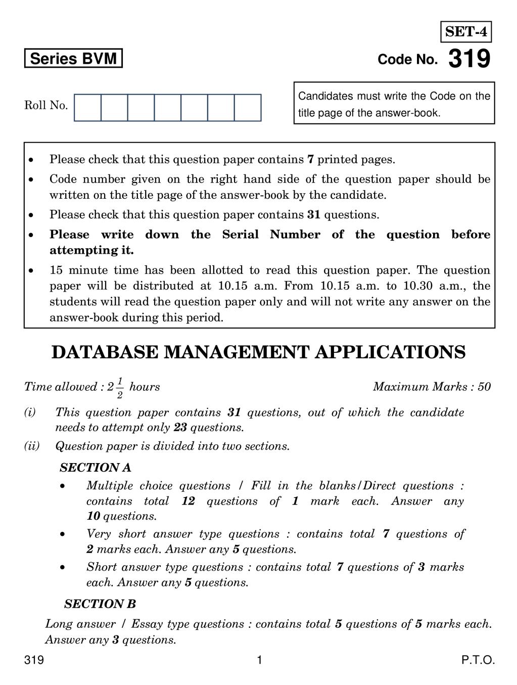 CBSE Class 12 Database Management Applications Question Paper 2019 - Page 1