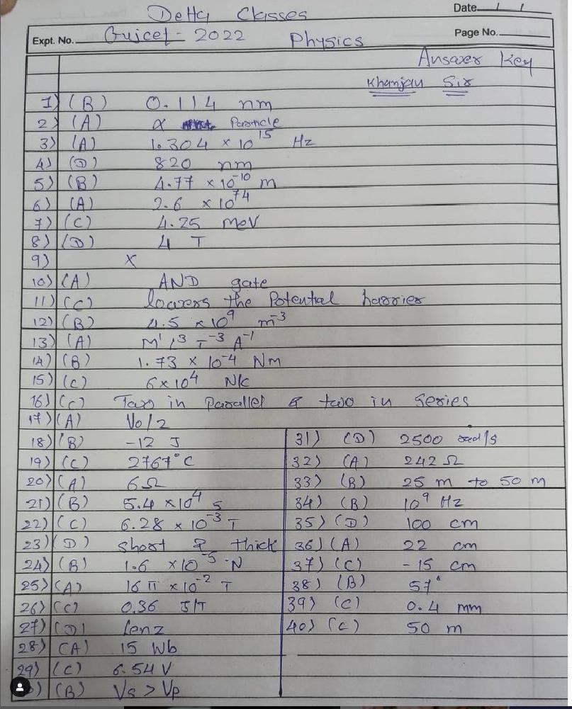GUJCET 2022 Answer Key Physics by Delta Classes - Page 1
