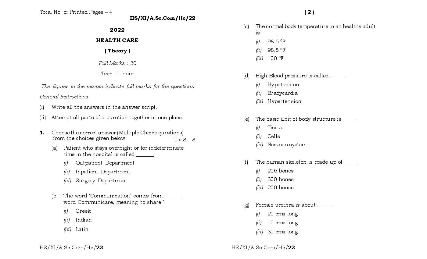 MBOSE Class 11 Question Paper 2022 for Health Care - Page 1