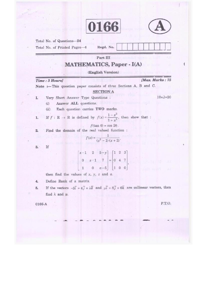 TS Inter 1st Year Model Paper Maths A - Page 1