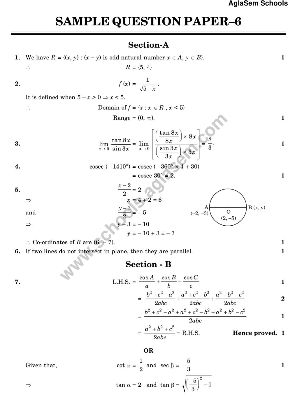 CBSE Class 11 Sample Paper For Mathematics Set 6