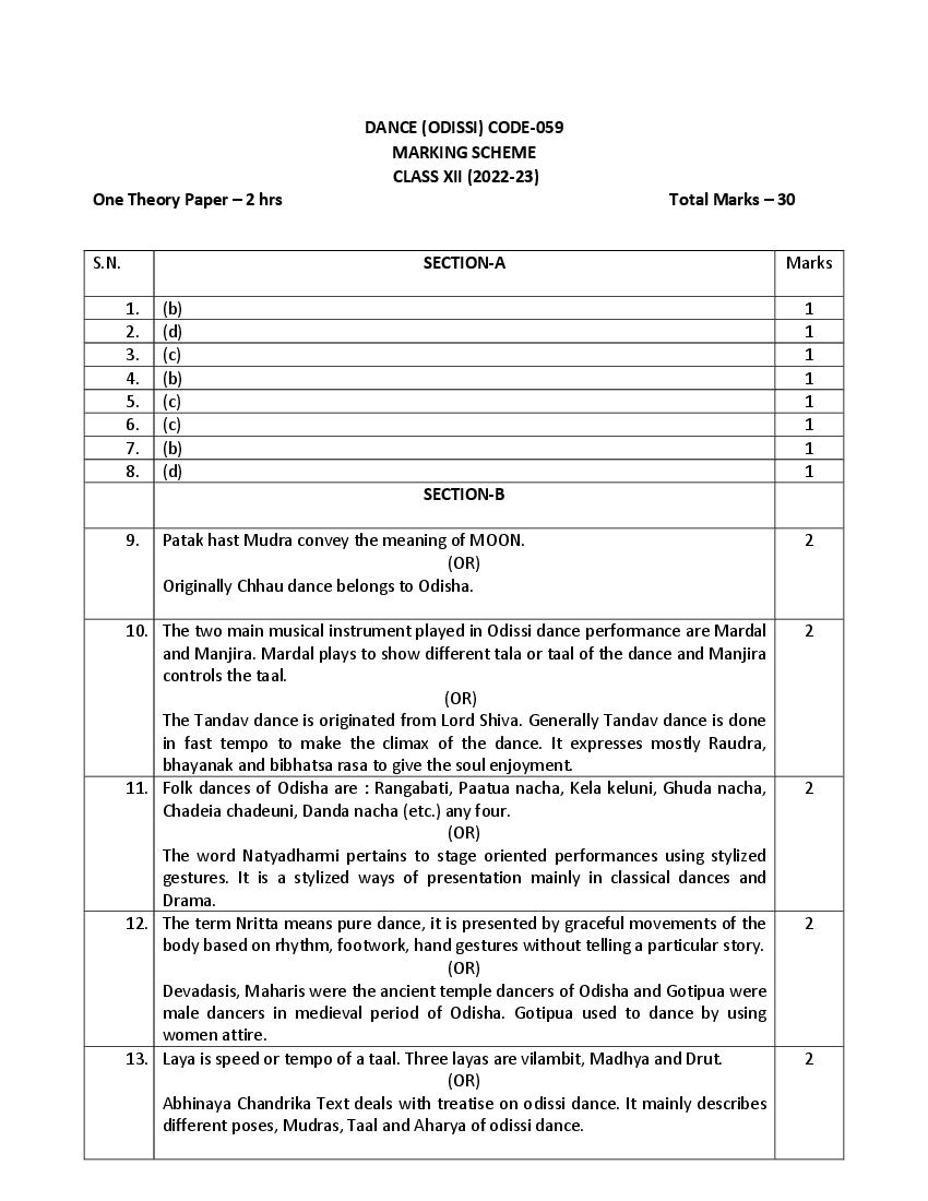CBSE Class 12 Sample Paper 2023 Solution Odissi - Page 1