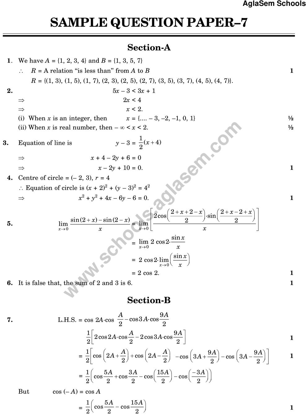 CBSE Class 11 Sample Paper for Mathematics Set 7 - Page 1