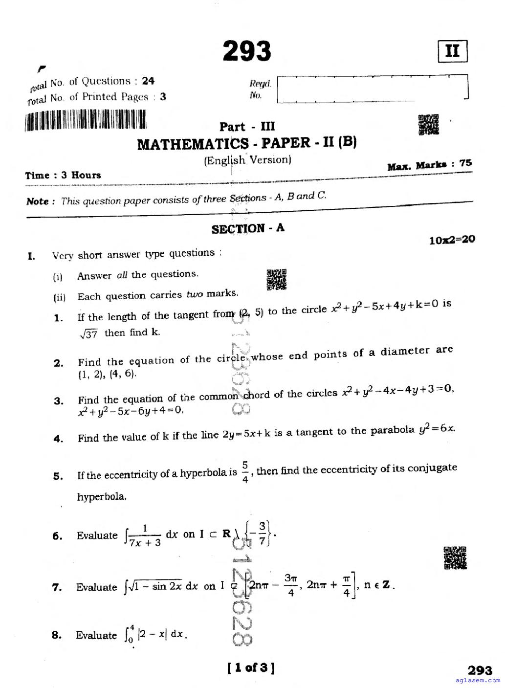 AP 12th Question Paper 2025 Maths B - Page 1 of 3