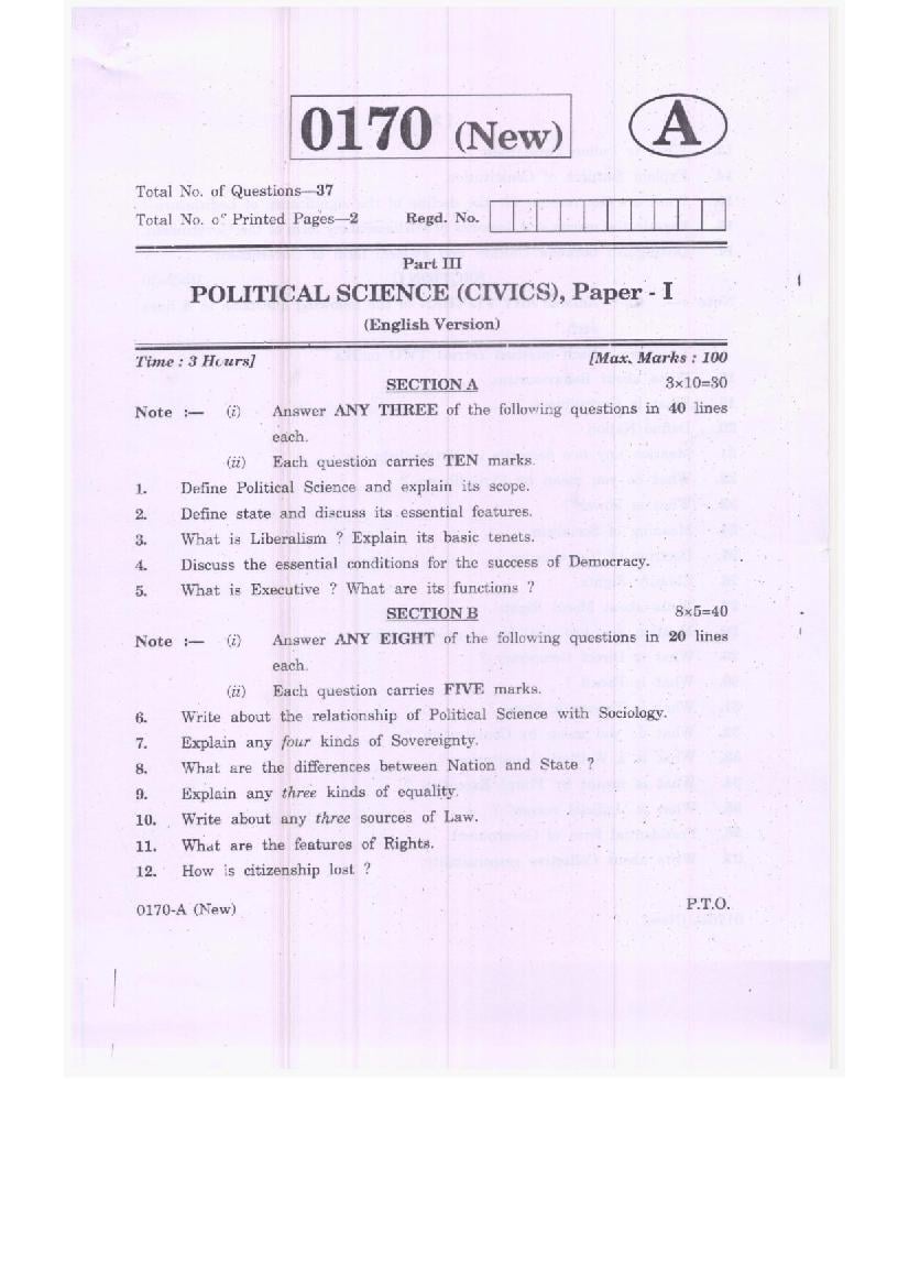 TS Inter 1st Year Model Paper 2023 Political Science - Page 1