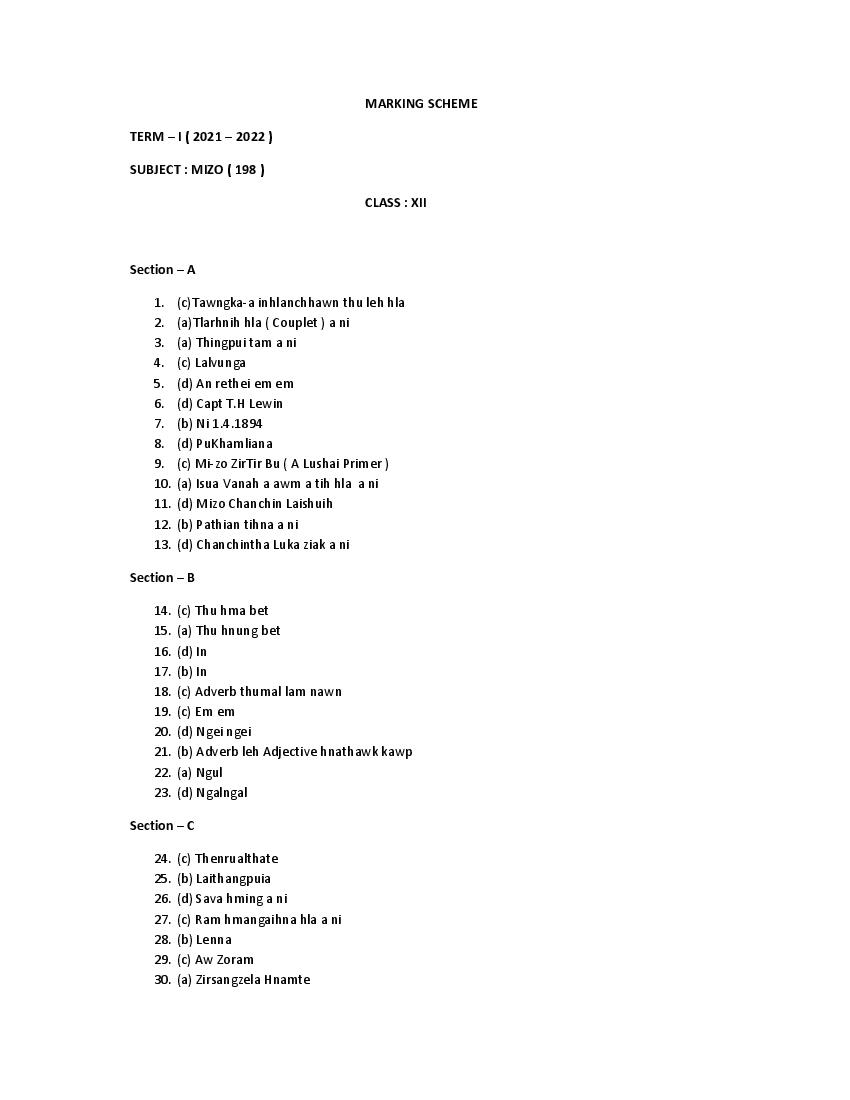 CBSE Class 12 Marking Scheme 2022 for Mizo - Page 1