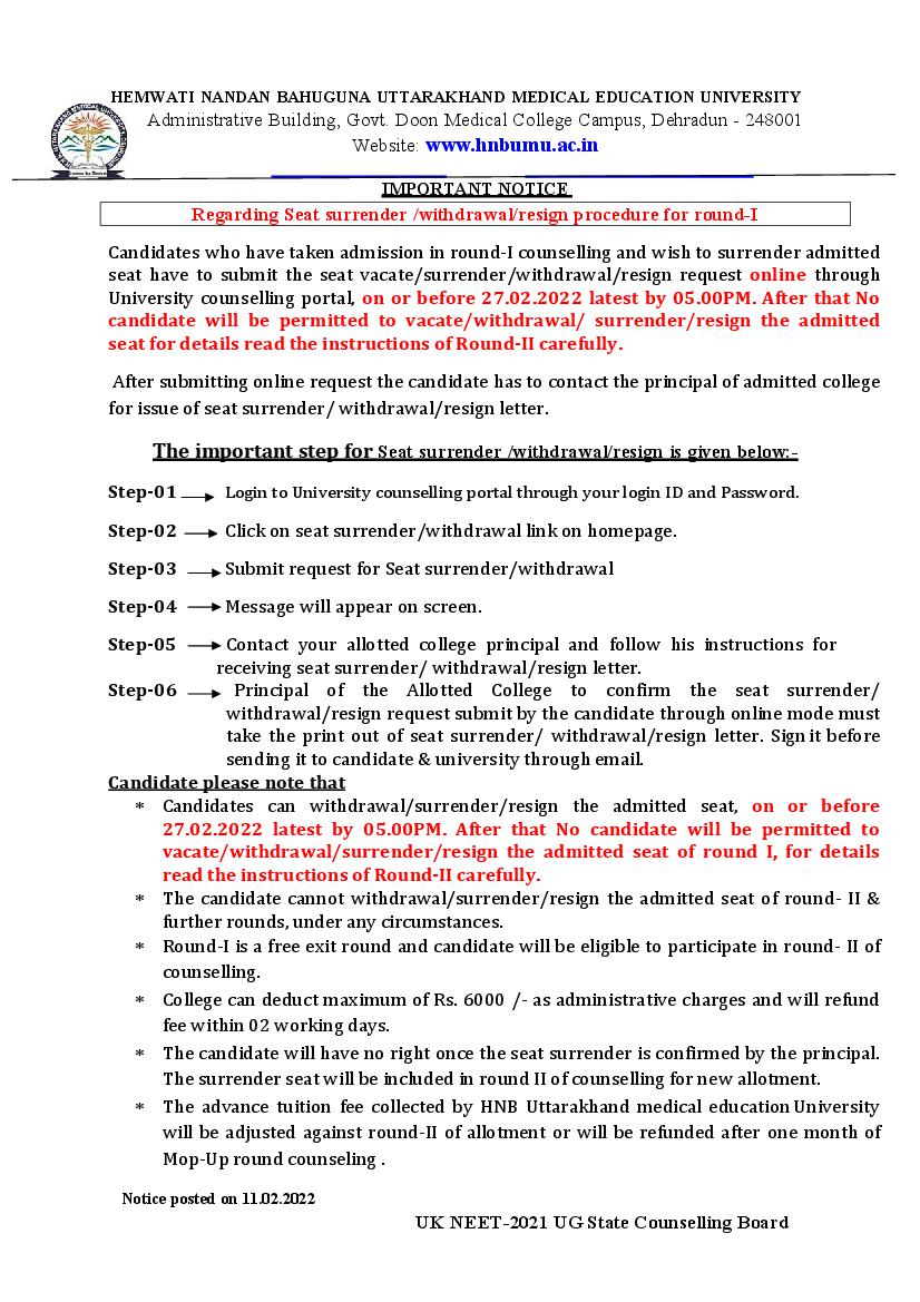 Uttarakhand NEET 2021 Counselling Seat Surrender Notice