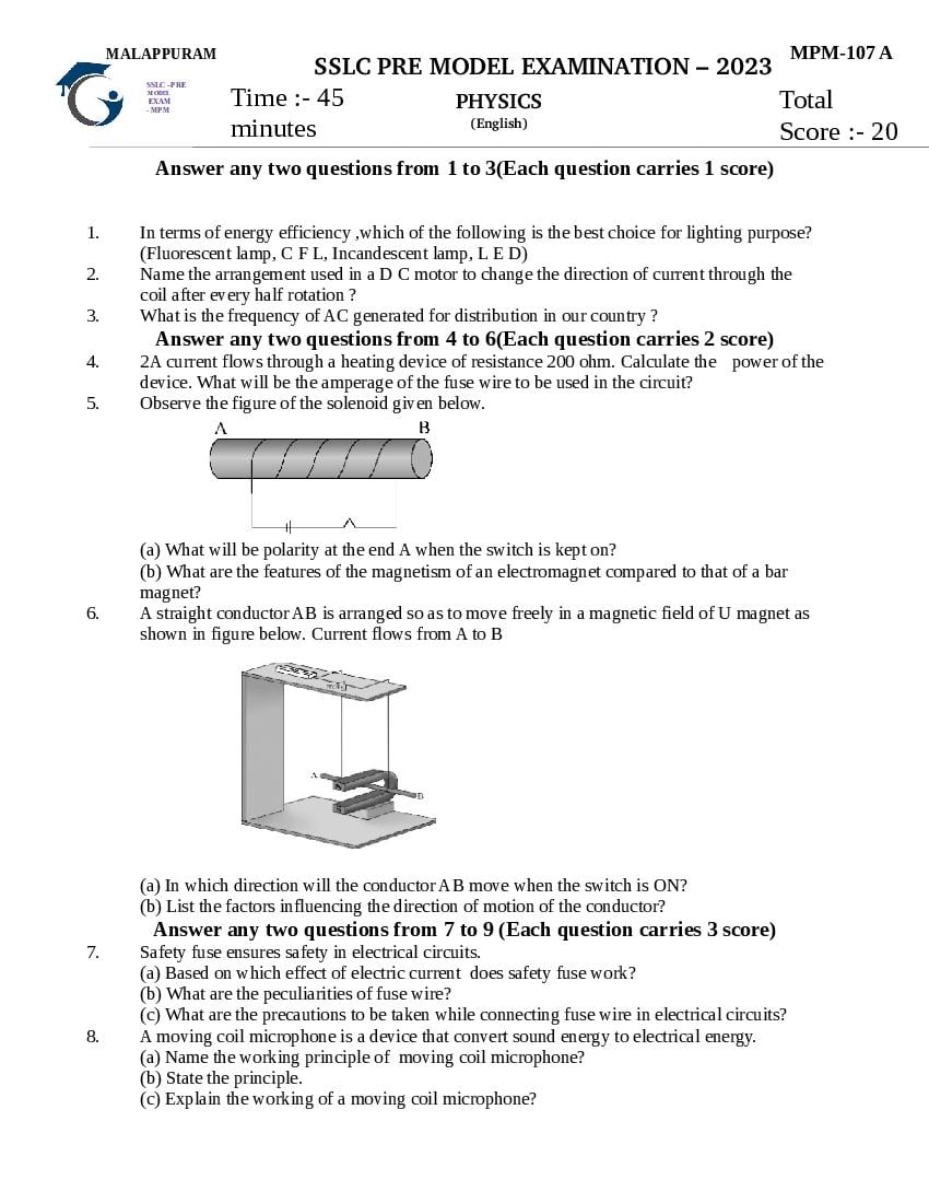 Kerala SSLC Pre Model Question Paper 2023 Physics - Page 1