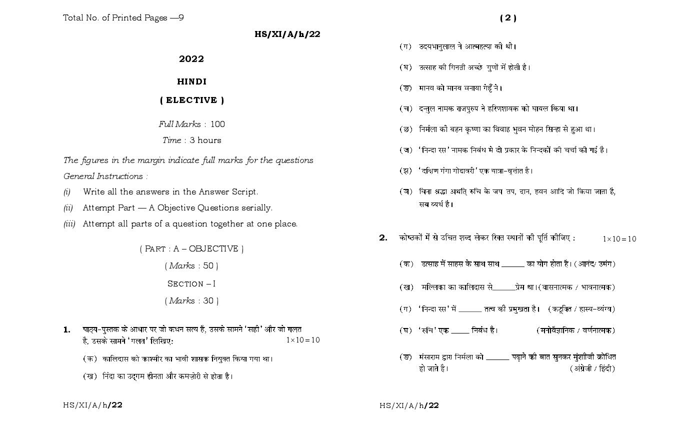 MBOSE Class 11 Question Paper 2022 for Hindi Elective - Page 1