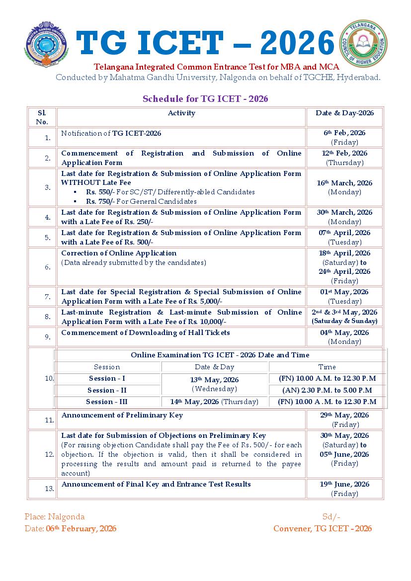 TG ICET 2026 Important Dates - Page 1