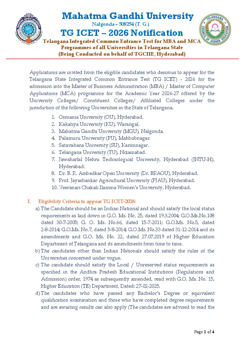 TG ICET 2026 Information Brochure - Page 1