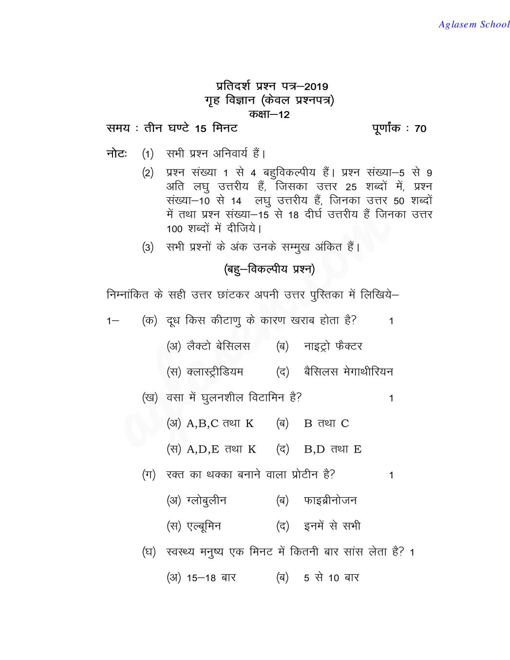 UP Board Class 12 Model Paper 2019 HOME SCIENCE - Page 1