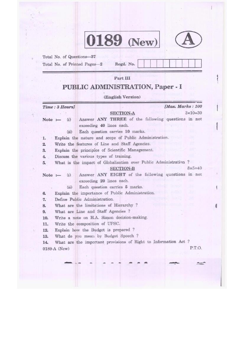 TS Inter 1st Year Model Paper 2023 Public Administration - Page 1