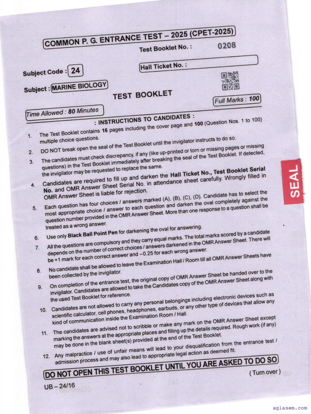 Odisha CPET 2025 Question Paper Marine Biology - Page 1 of 16