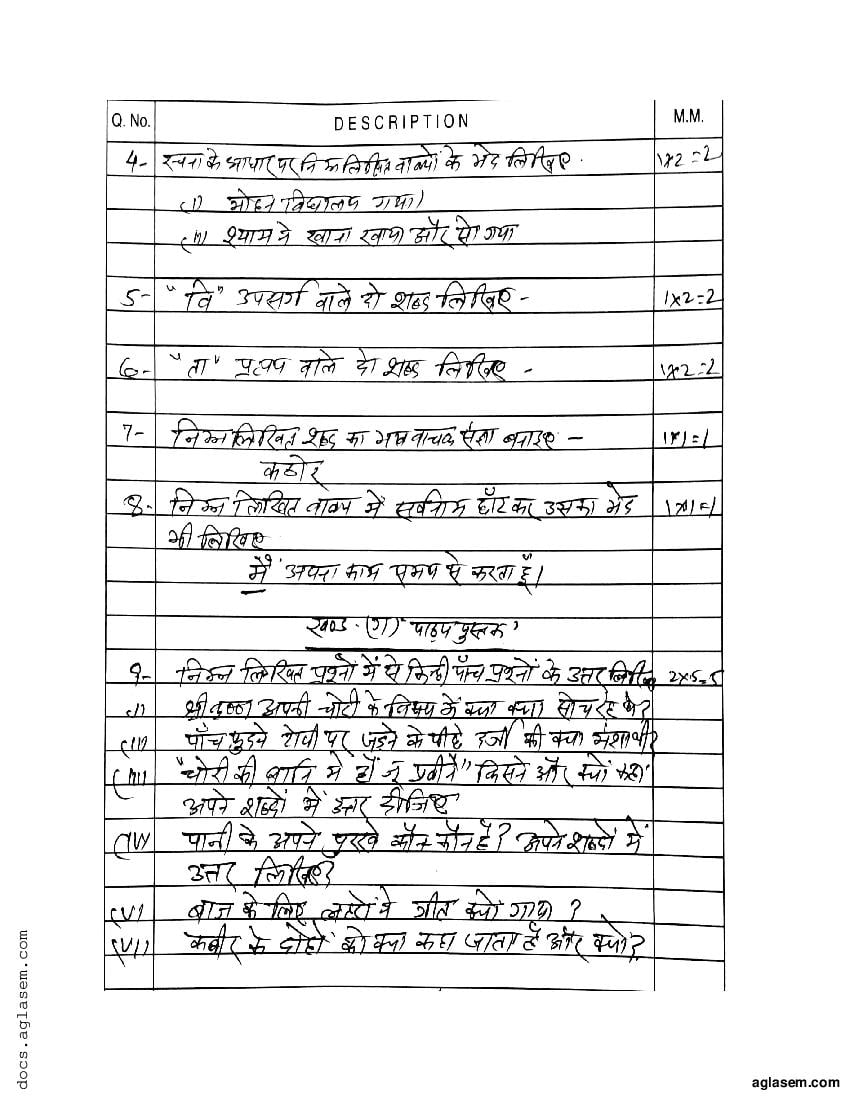 class 8 ka sample paper hindi ka